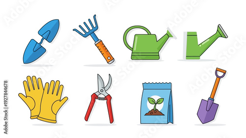 Collection of colorful cartoon gardening tools and supplies on a white background
