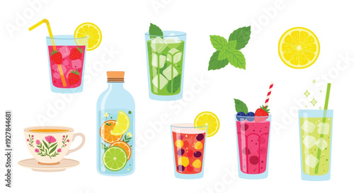 A vibrant collection of refreshing beverages, including fruit-infused water, iced teas, and colorful cocktails, garnished with fresh fruits and mint leaves.