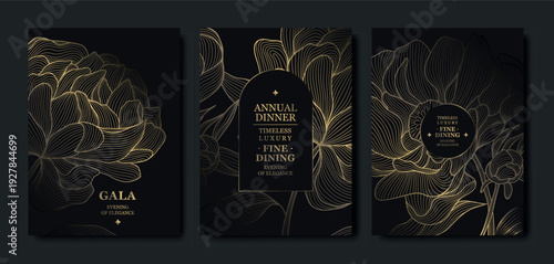 Luxury dark background, elegant gold floral line pattern, leaves, flowers. Vector design wedding invitations, gala dinners, wine labels, birthday cards, tropical event flyers