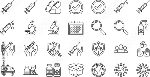 Medical and Healthcare Line Icon Set Featuring Vaccination, Syringes, Pills, Research, Protection, Hospital Care, Pandemic Prevention, and Health Safety Symbols