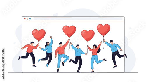 Group of joyful people jumping with large heart-shaped balloons inside a website browser window celebrating love and community online.