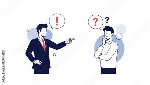 Businessman points accusingly at a confused colleague with speech bubbles containing exclamation and question marks for workplace conflict.