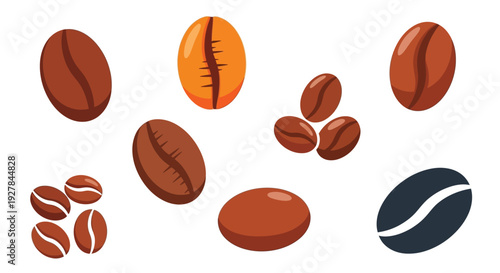 A collection of various coffee beans, showcasing different roast levels and bean types, isolated on a white background.