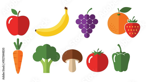 Collection of colorful fresh fruits and vegetables icon set flat design style