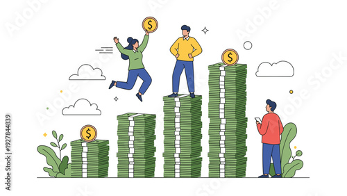 Successful professionals celebrate financial growth while standing on and beside increasing stacks of green banknotes and gold coins.