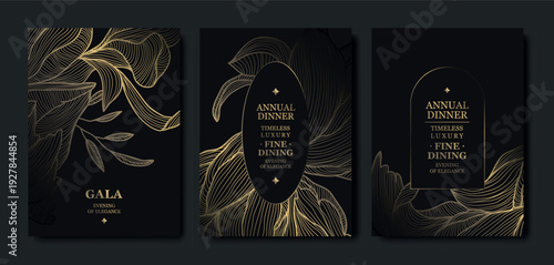 Luxury dark background, elegant gold floral line pattern, leaves, flowers. Vector design wedding invitations, gala dinners, wine labels, birthday cards, tropical event flyers