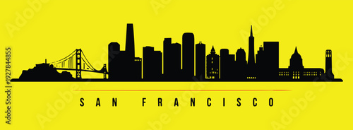 San Francisco skyline silhouette with Golden Gate Bridge on yellow background, California cityscape vector illustration for travel, tourism, poster and urban design
