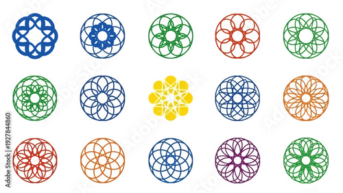 Collection of colorful geometric circular patterns and ornaments on a white background