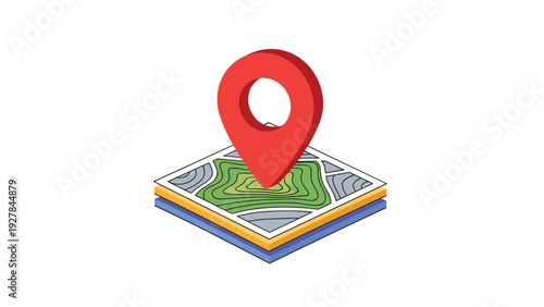 Isometric map illustration with a large red destination pin to represent location services, navigation, and geographical travel planning.