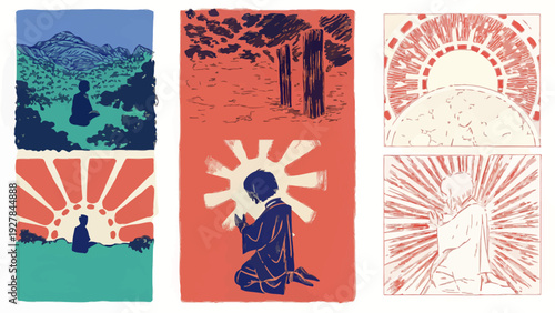 Spiritual enlightenment, a person meditating with sun rays and abstract patterns, inner peace and divine connection in bold red and artistic sketches.