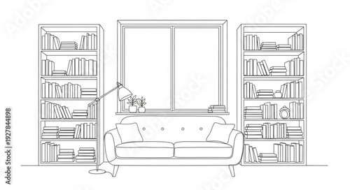Living Room Interior with Bookshelves.