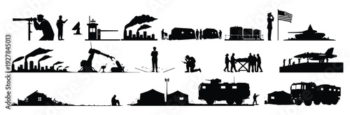 Military and war silhouettes set with soldiers, tanks, fighter jet, missile launcher, army vehicles, factory, refugee camp and battlefield vector illustration collection