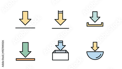 Set of six various colorful download icons featuring arrows pointing down into different bases for digital file transfer and saving.