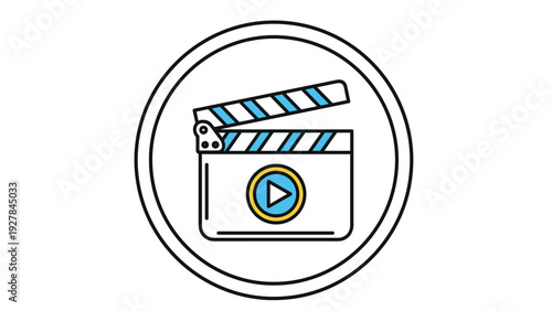 Film clapperboard icon with a play button symbol inside a circular frame representing movie production and digital video media content.