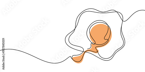 Minimalist single line drawing of a fried egg with an orange yolk on a white background