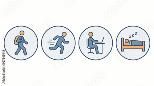 Iconographic representation of daily activities including walking, running, working at a desk, and sleeping, illustrating a person's routine