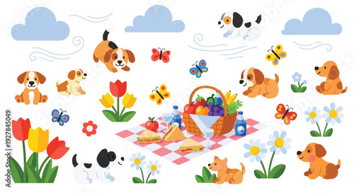 A delightful illustration of playful puppies enjoying a sunny picnic with colorful tulips and butterflies fluttering around a checkered blanket laden with fruit and sandwiches.