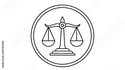 Scales of justice icon enclosed in a circle symbolizing law, legal systems, fairness, equality, and balanced judgment for society.