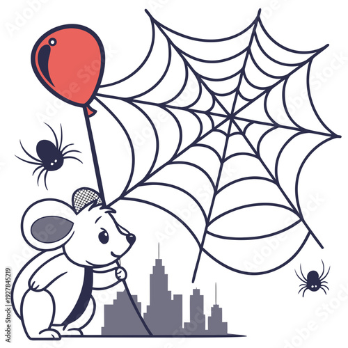 Bashful Koala with with a balloon, set in a charming Spider web theme – Web-Slinger Vibes color vector art