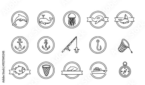 set of easter eggs Nautical Marine Life and Fishing Gear Line Icon Set with Outline Badges Vector