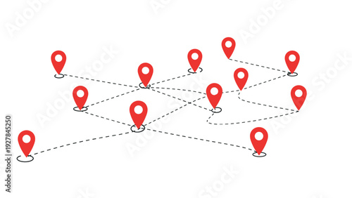 Network of red map pins connected by dashed lines on a plain background representing locations logistics and distribution.