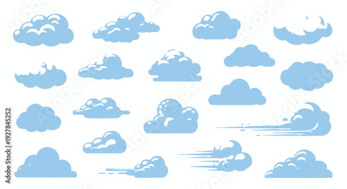 A collection of various stylized blue cloud illustrations on a white background, showcasing different shapes and forms.