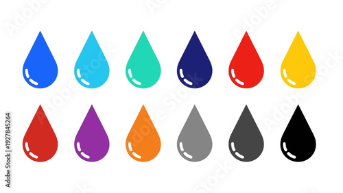 Collection of colorful water drop icons representing diverse liquids and emotions
