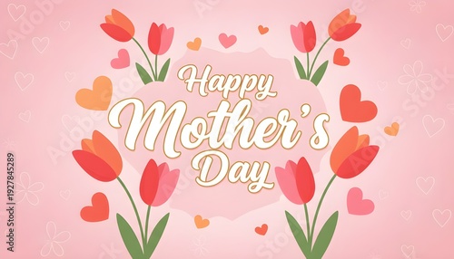Wishing you a joyful Mother's Day adorned with lovely tulips and hearts against a pink backdrop. 
