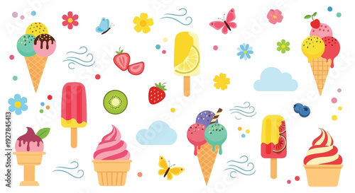 A vibrant collection of colorful ice cream cones, popsicles, and frozen treats, adorned with strawberries, blueberries, butterflies, and flowers, evoking a sense of summer fun and sweetness.