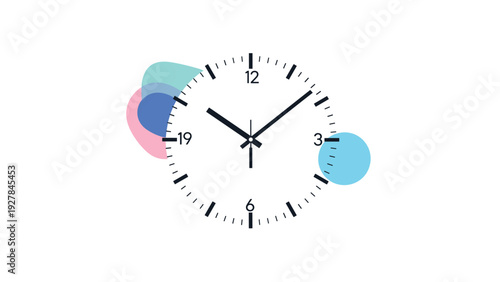 Modern wall clock with a minimalist white face and artistic blue pink and teal circular shapes for time management concepts.