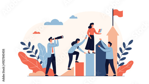 Collaborative team of professionals helping each other climb up a bar chart reaching for a success flag at the top.