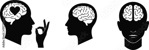 Human head and brain concept icons set with thinking mind intelligence psychology mental health awareness black white vector illustration