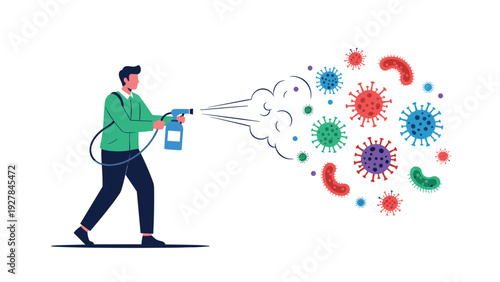 Man using a spray bottle to eliminate colorful virus and bacteria particles representing sanitation and disease prevention.