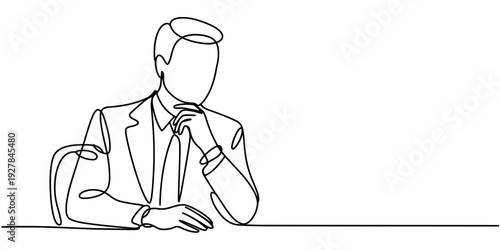 Continuous line drawing of a businessman sitting at a desk and thinking deeply.