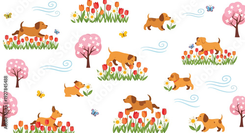 Charming illustration of playful puppies frolicking among blooming tulips and cherry blossom trees, with butterflies fluttering in a gentle breeze.