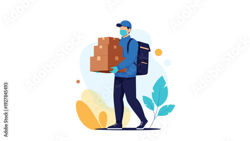 Delivery courier wearing a face mask and cap carrying a heavy stack of cardboard boxes for logistics and shipping service.