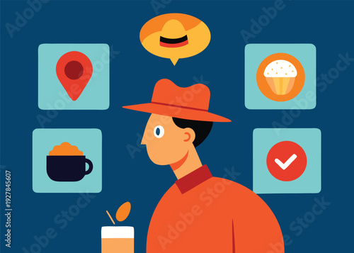 Man in a red hat holds a device, viewing digital app icons for location, food, and a checkmark.