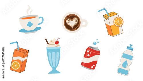 Collection of Delicious and Refreshing Drinks in a Fun Cartoon Style