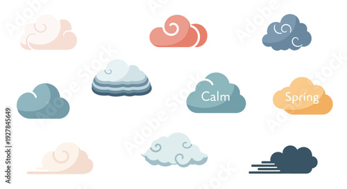 A collection of stylized cloud illustrations in various colors and forms, some with subtle textures and inscribed words like 'Calm' and 'Spring'.