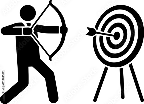 Business Success Concept – Archer Hitting Bullseye Target Black Silhouette Vector Illustration