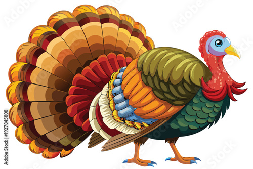 Cartoon turkey bird with fanned tail feathers and colorful plumage on white background illustration animal