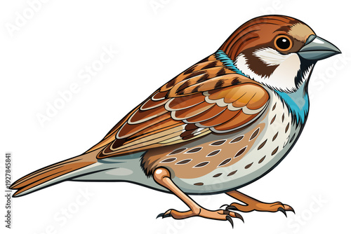 Detailed illustration of a sparrow bird with brown and white plumage on a white background wildlife animal