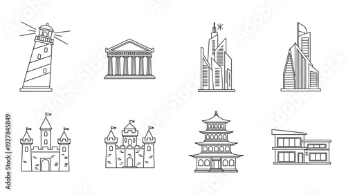 Collection of diverse architectural icons featuring landmarks and modern buildings
