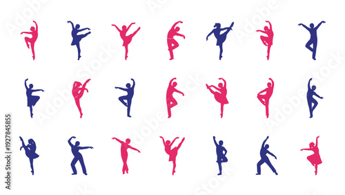 Collection of diverse ballet dancer silhouettes in dynamic poses pink and blue