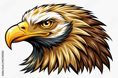 Fierce eagle head profile illustration with golden yellow eye and sharp beak on white background bird