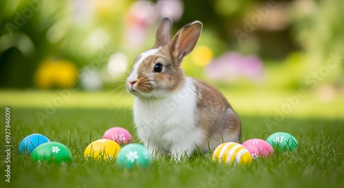 Easter Bunny with Colorful Eggs in Garden.