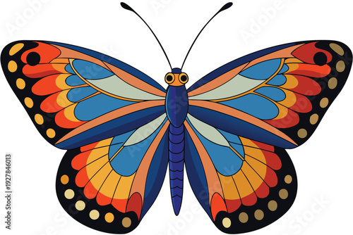 Stylized butterfly with blue orange and red wings and gold spots insect