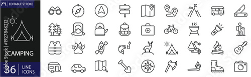 Camping icons set. Including tent, campfire, backpack, hiking, nature, forest, lantern, sleeping bag, map and more. Editable stroke. Outline icons. Vector illustration. Perfect for infographics.