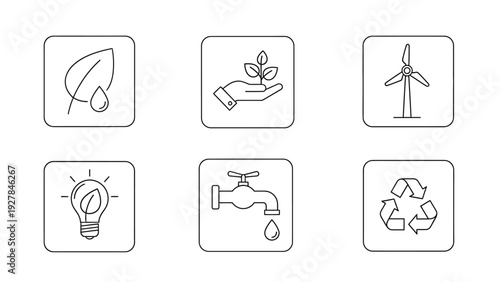 Collection of environmental icons symbolizing sustainability and eco-friendly concepts in outline