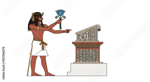 Ancient Egyptian Pharaoh Holding Sacred Lotus Flower.
